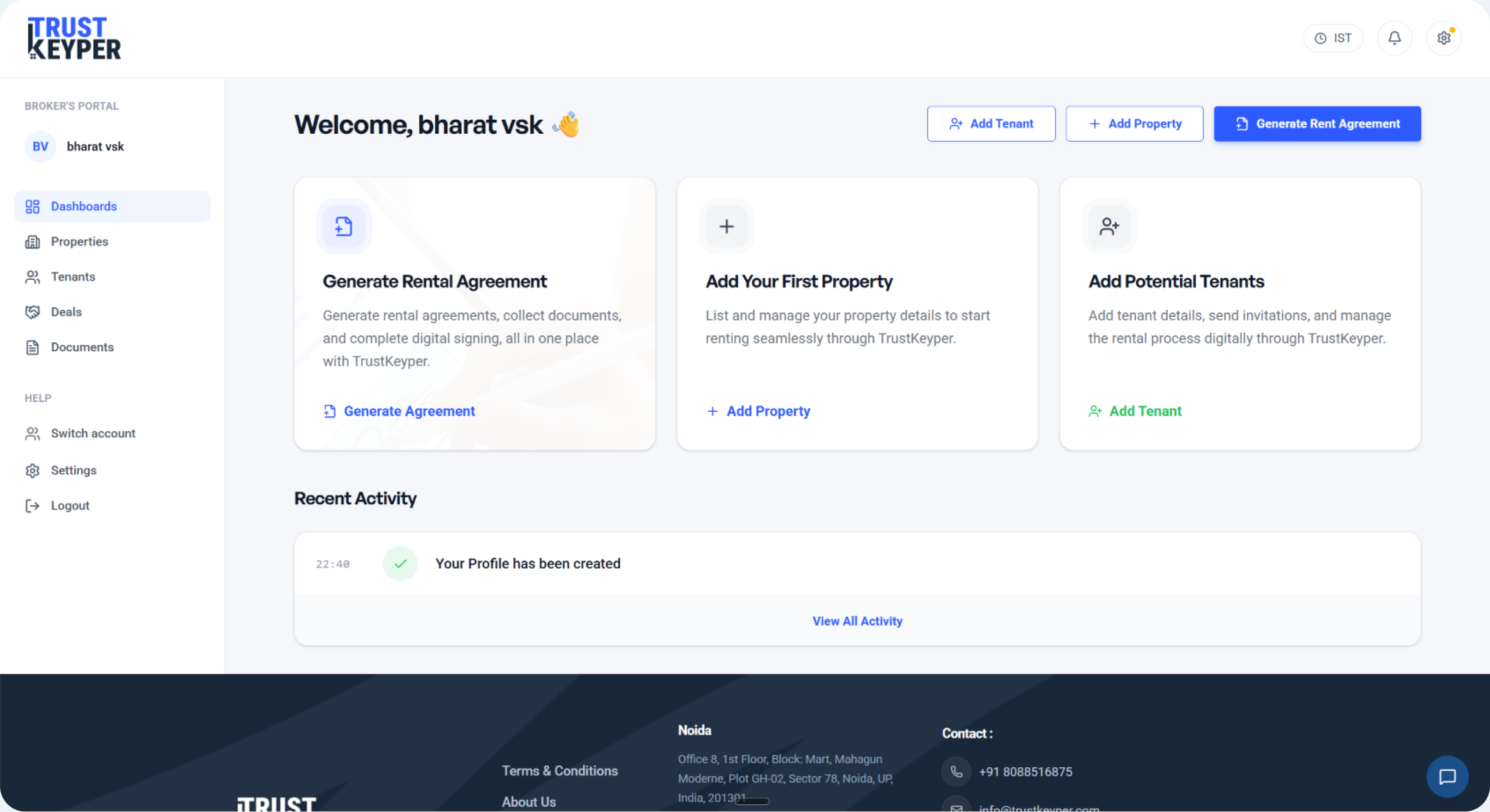 TrustKeyper broker portal dashboard with leads, pipeline, and task overview