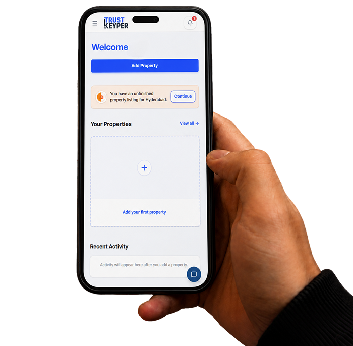 Hand holding a phone showing the TrustKeyper broker portal